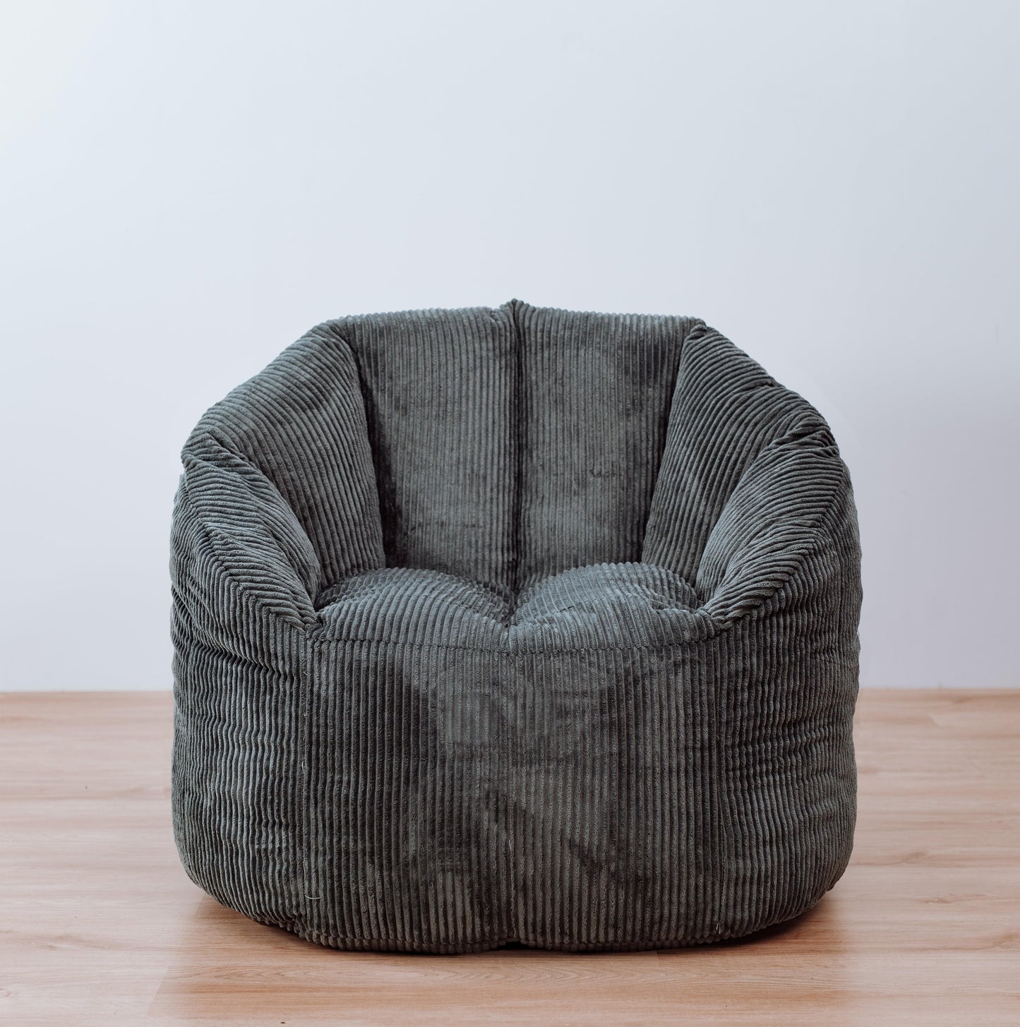 Charcoal corduroy tub chair bean bag cover, front view with tufted center