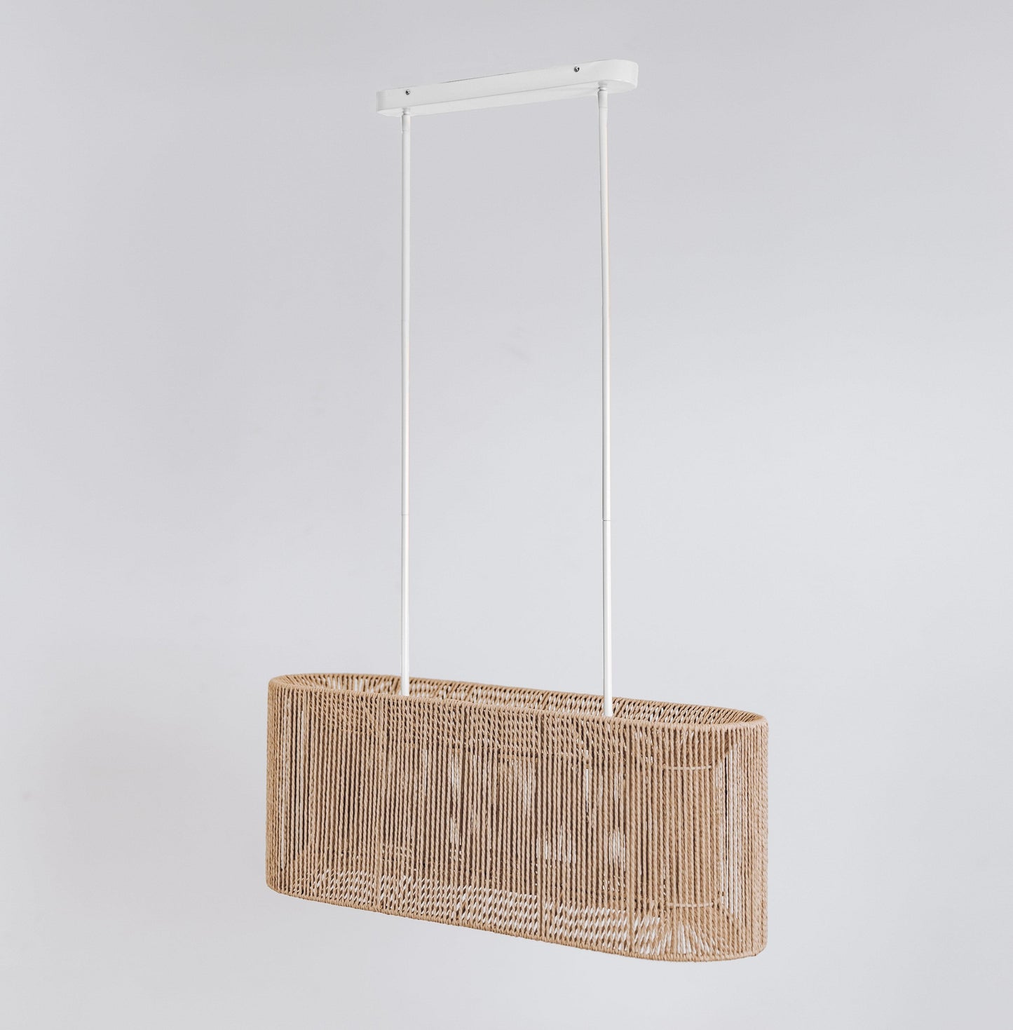 Natural rope pendant light with rectangular drum-woven shade and white stems