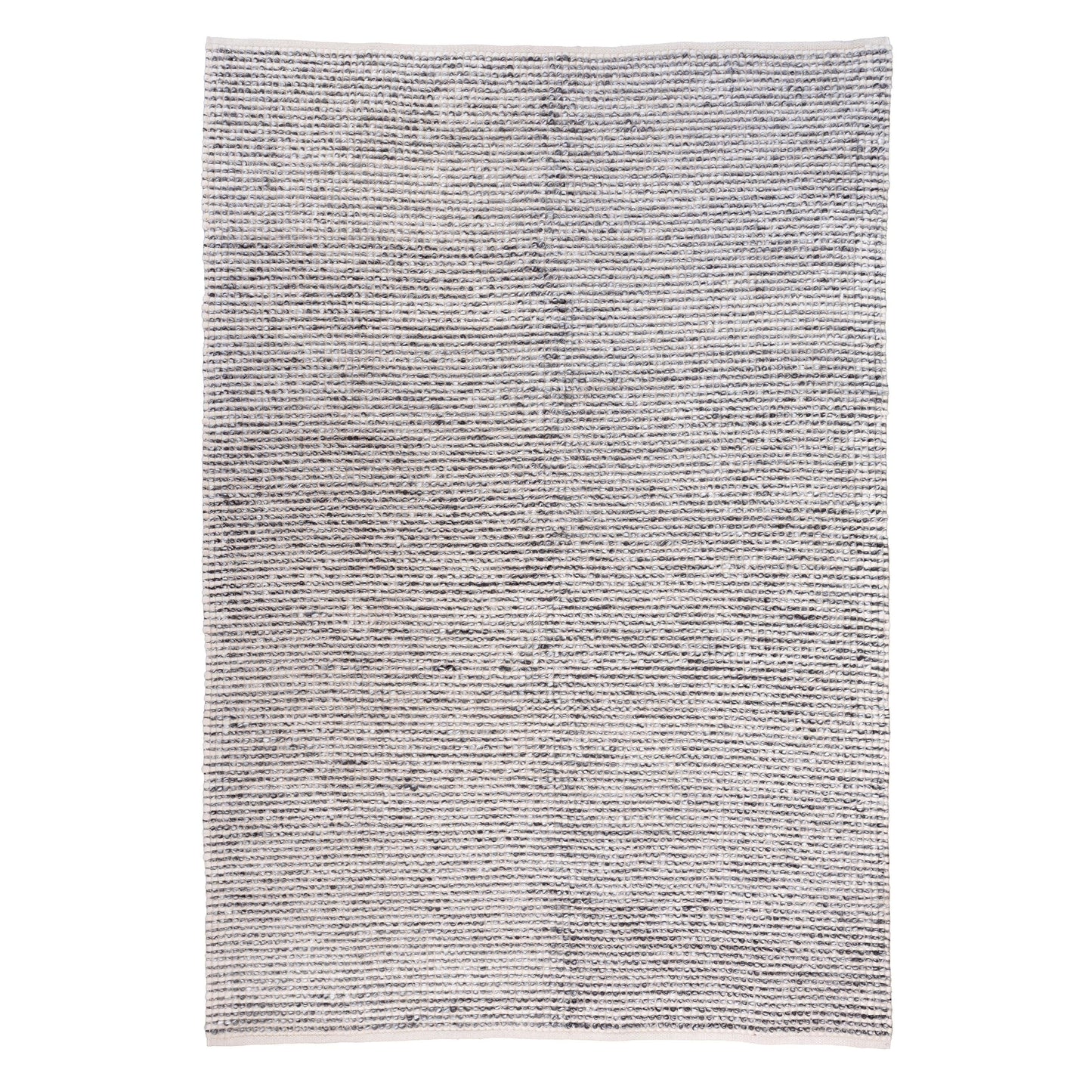 Square handwoven floor rug in grey and cream with dense textured pattern