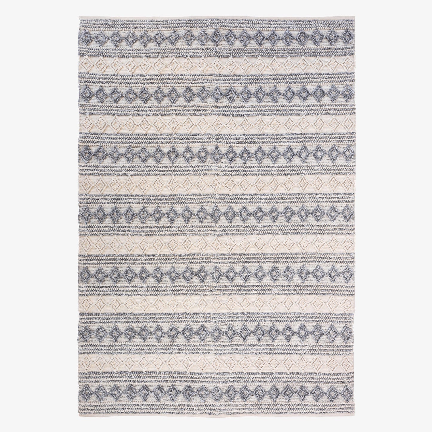 Handwoven floor rug with woven stripes and diamond patterns, natural and blue-gray