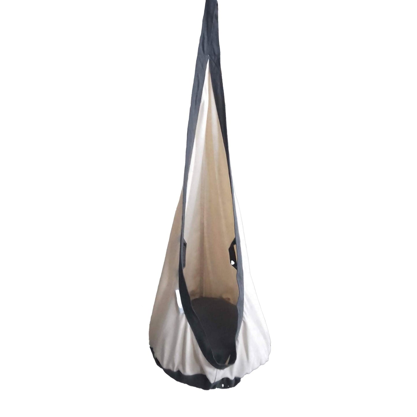 White swing pod hammock with charcoal trim, hanging empty cocoon