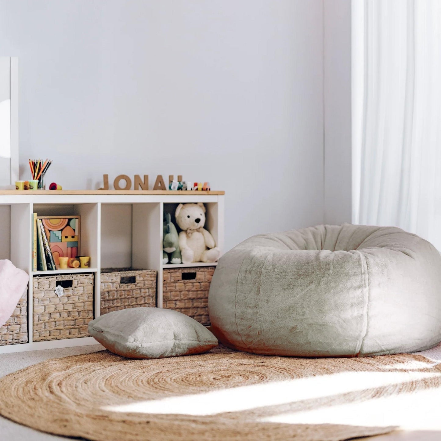 Champagne beige plush bean bag with cloud-like dome and visible side seam