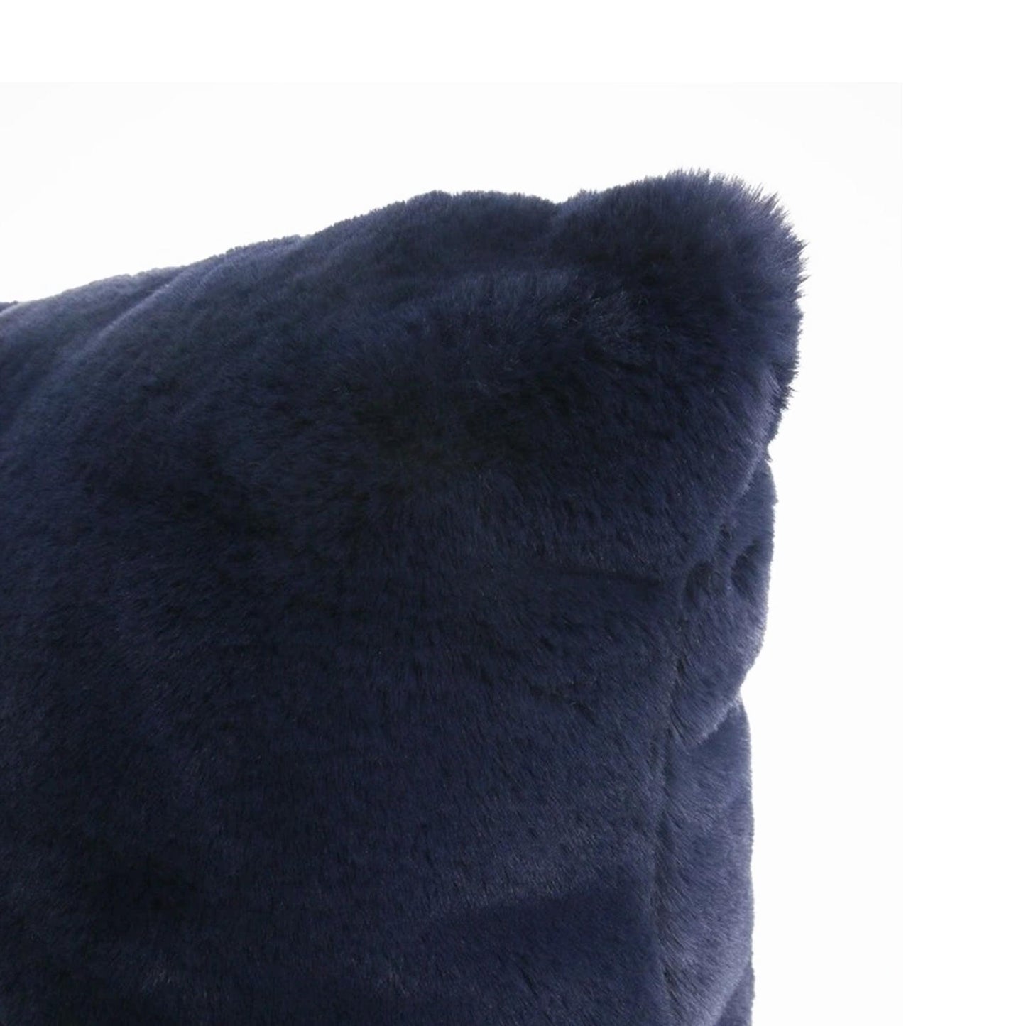Navy plush fur cushion cover corner detail, fluffy short pile