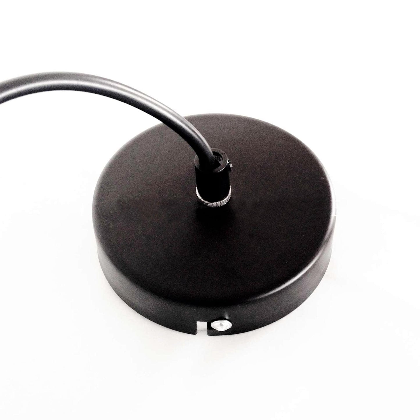 Black pendant light shade with hanging cord and mounting plate underside