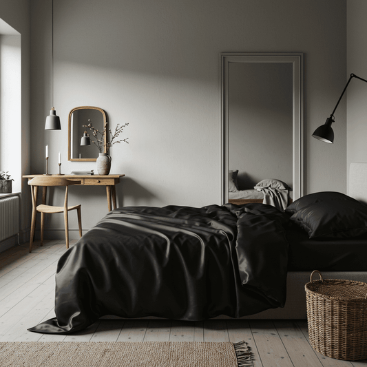 Black sheet set on bed with fitted and flat sheets, smooth wrinkle-free look