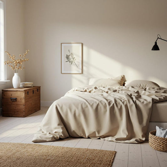 Latte bamboo sheet set on bed with smooth drape and layered bedding