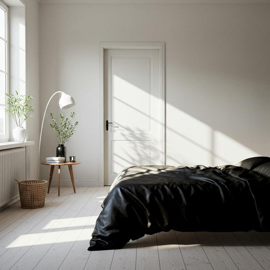 Black quilt cover on bed, smooth satin finish with stitched edge and subtle folds