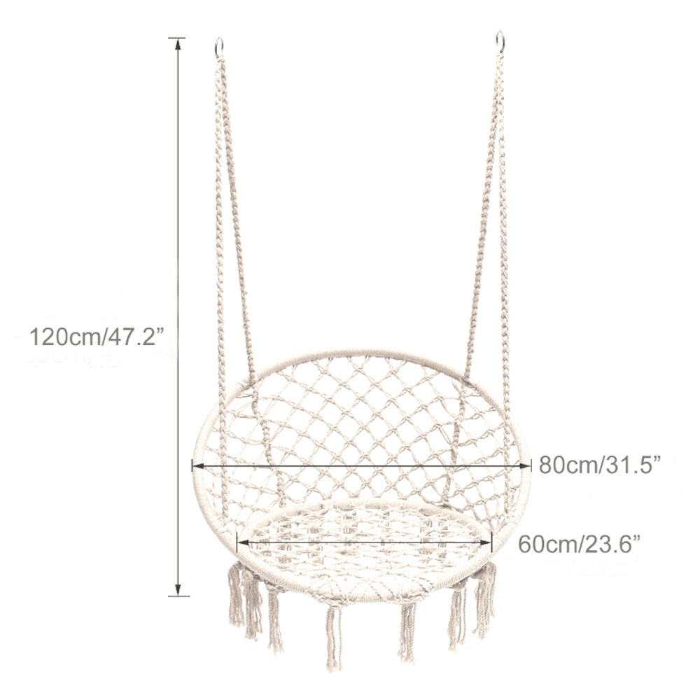 Cream macrame hanging chair swing, round seat with dangling tassels; 120cm x 80cm x 60cm