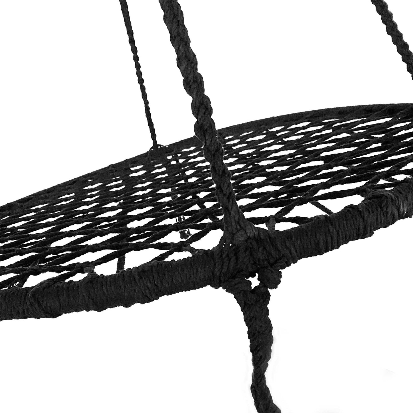 Black macrame hammock swing close-up of woven mesh and rope knots