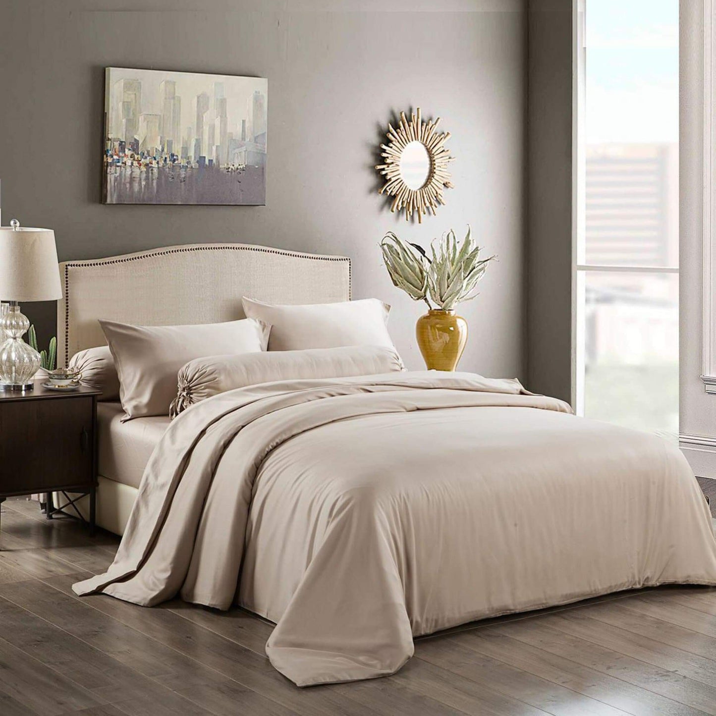 Champagne latte bed sheet set with matching pillowcases and duvet in light beige