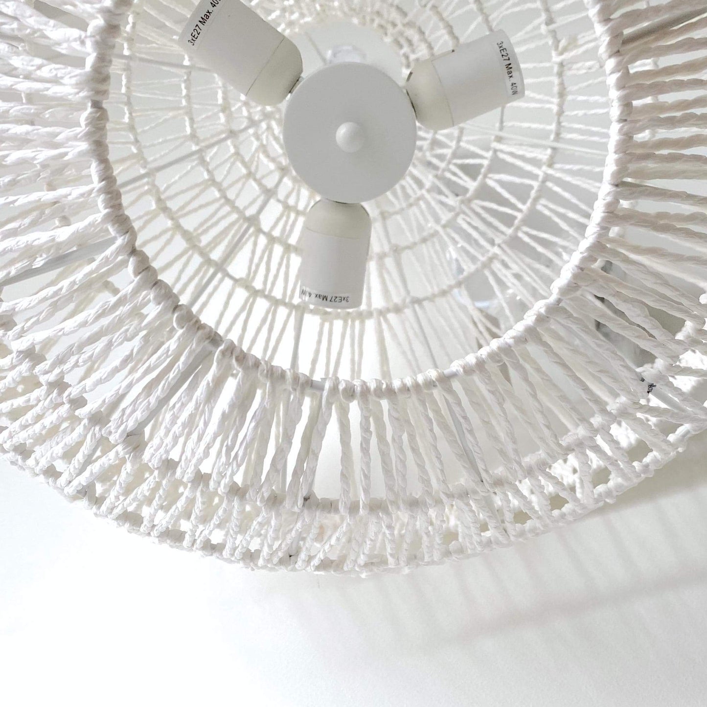 White woven rope pendant chandelier canopy underside, circular lattice