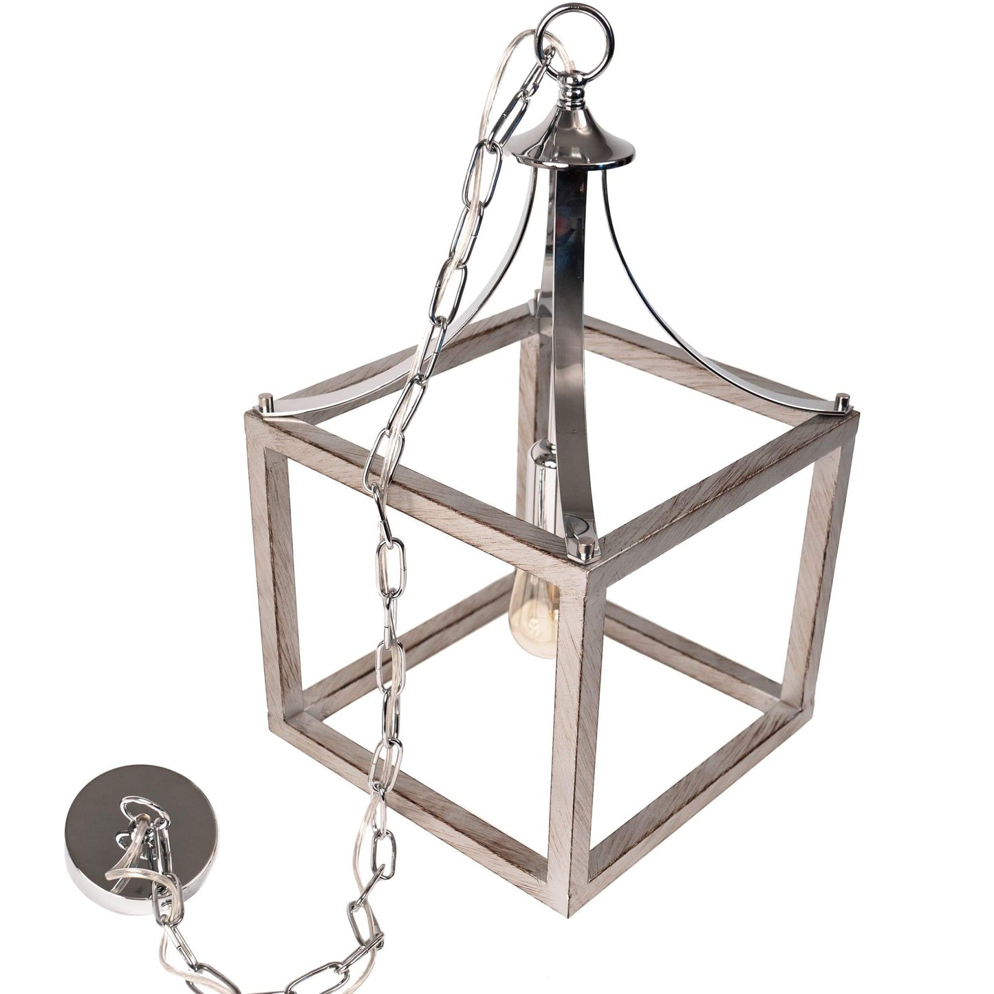Chrome lantern pendant light top with chain links and open star-like metal frame