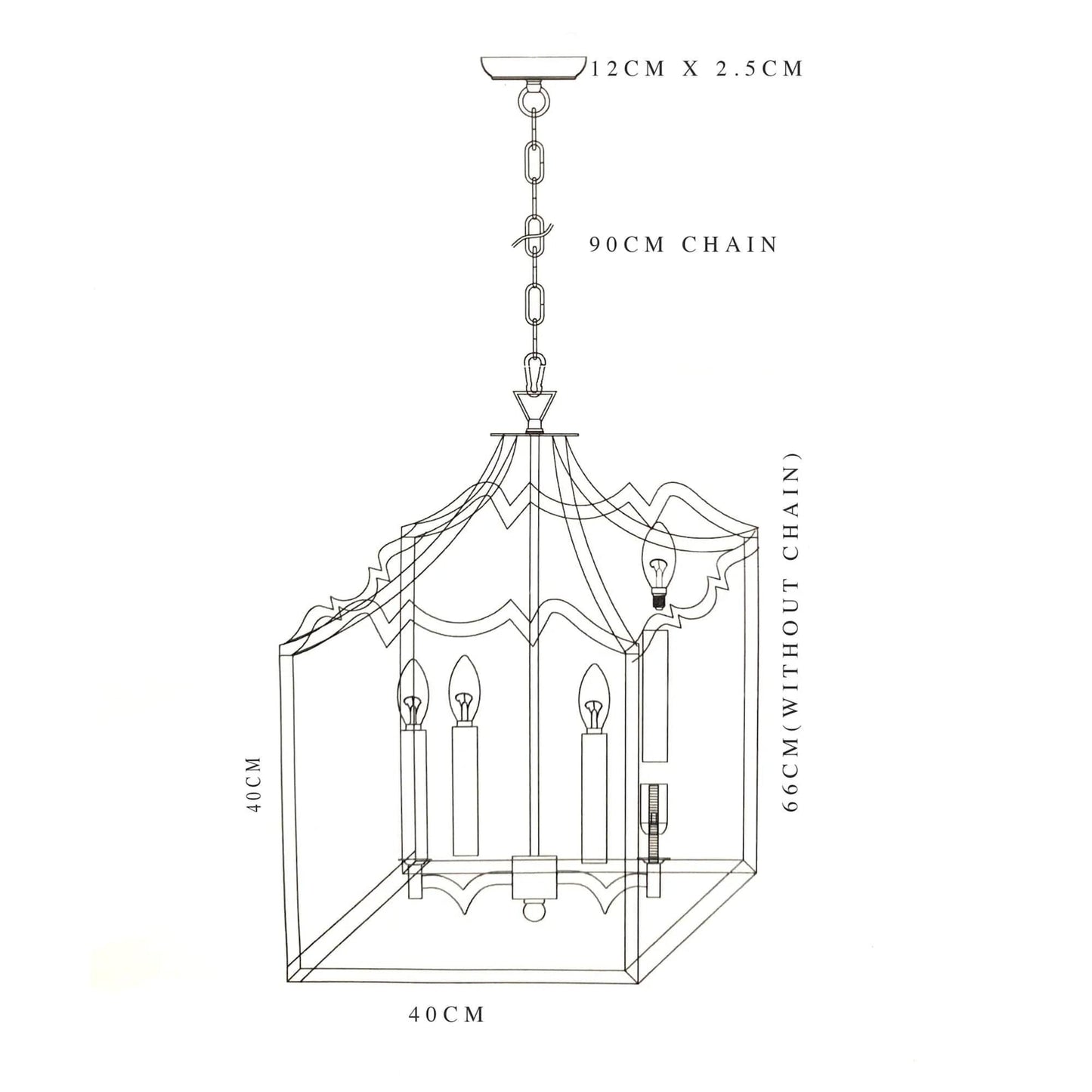 Lantern-style pendant light technical line drawing with chain and hanging dimensions