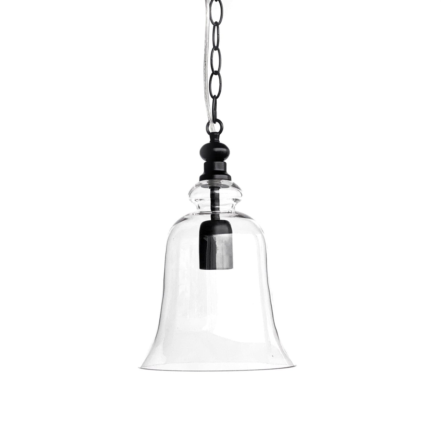 Single black bell-shape glass pendant light with clear shade and metal hanging chain