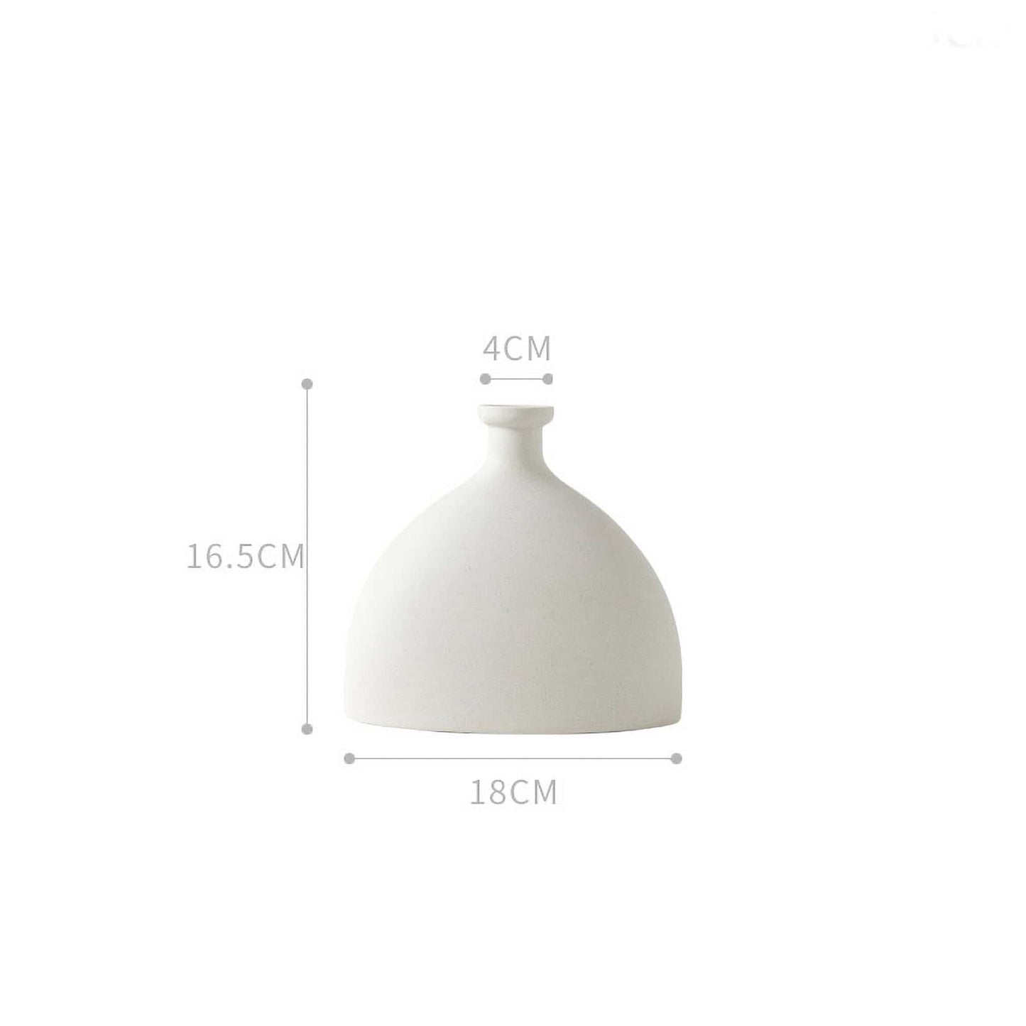 White ceramic vase with dimensions 16.5 cm height and 18 cm width
