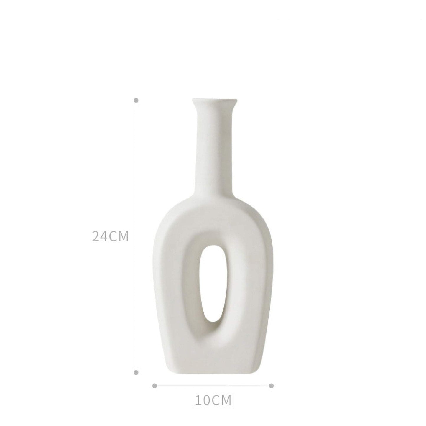 White ceramic tulip vase, 24 cm tall with oval cutout, 10 cm wide.