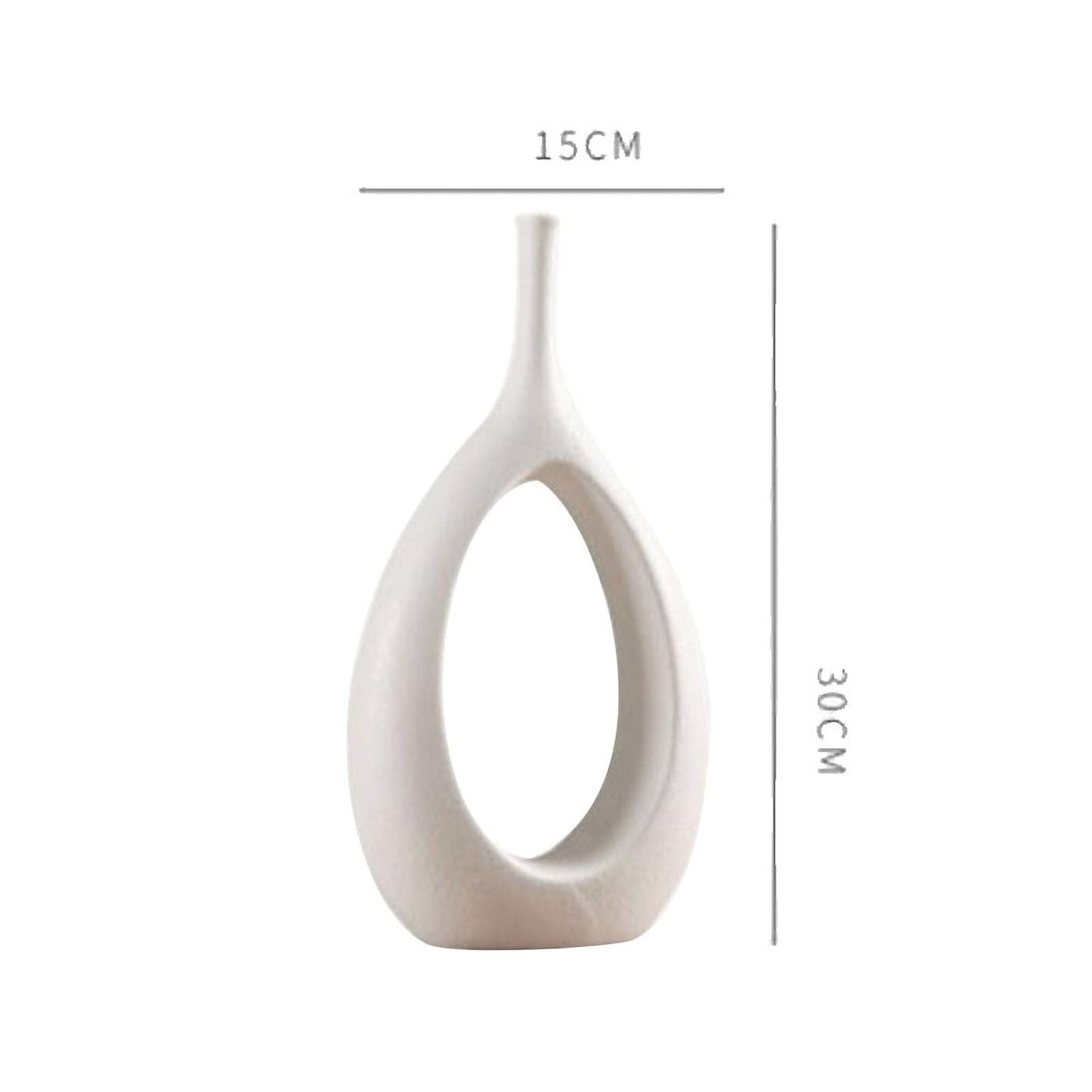 Cream ceramic vase, teardrop shape with oval cutout; 15cm wide, 30cm high