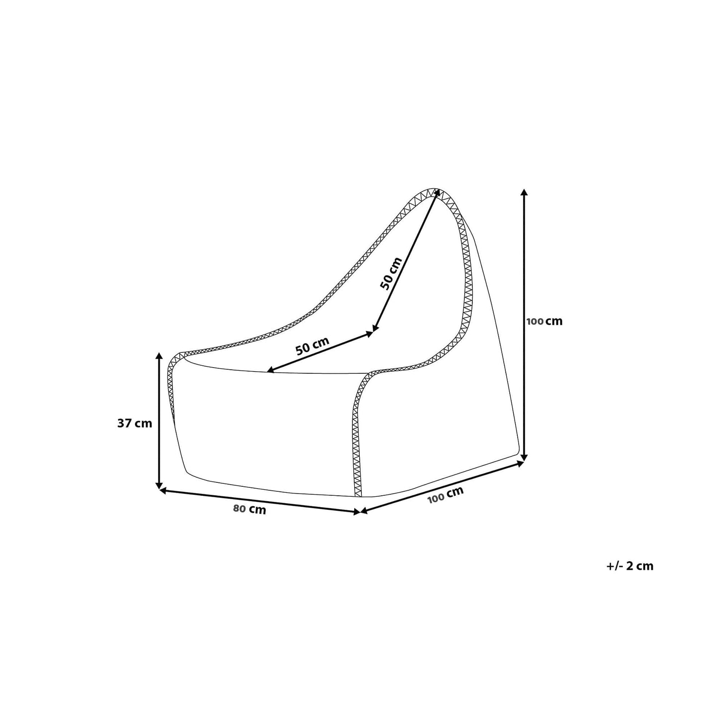 Bean bag and ottoman size diagram with labeled dimensions in cm