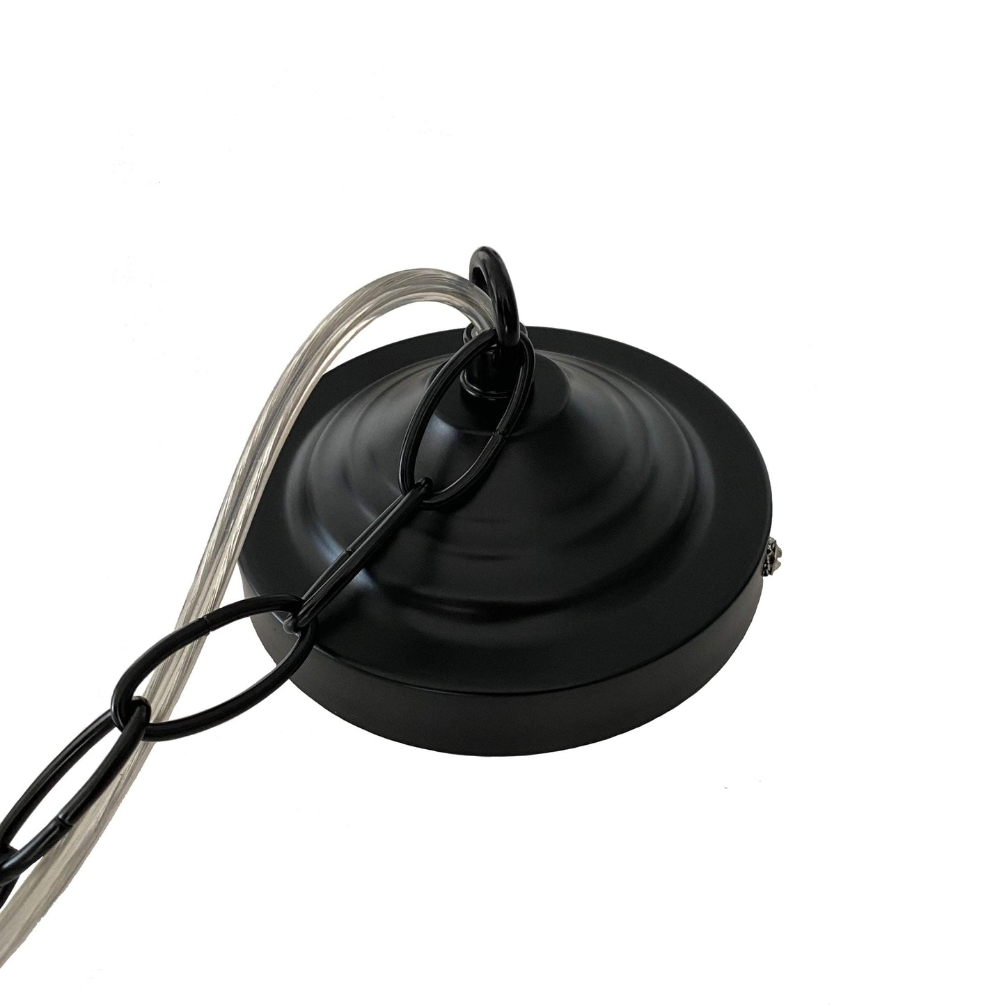 Matte black ceiling canopy with cord loop for pendant light connection
