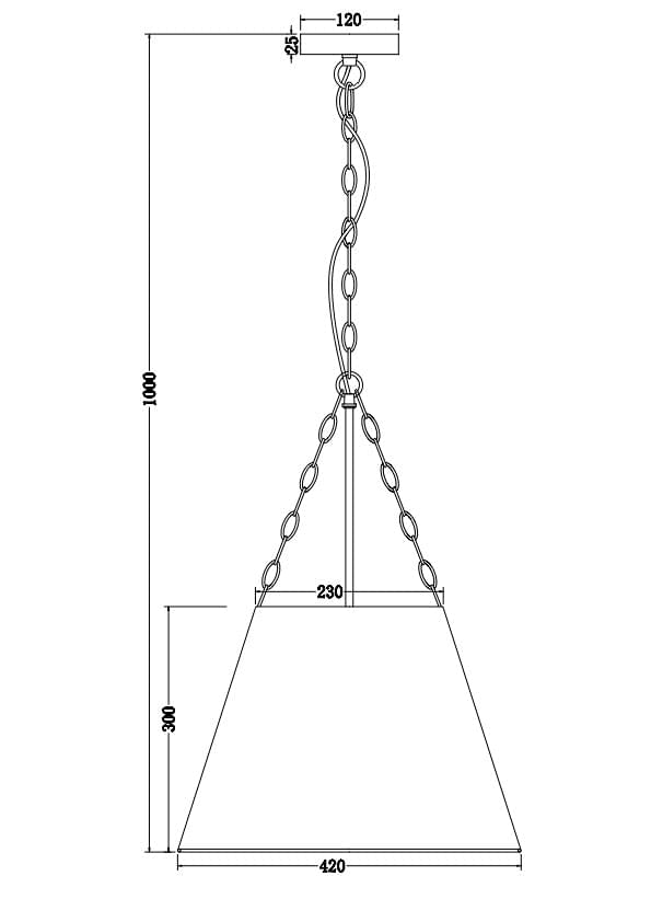 Pendant light line drawing: white shade, gold chain, and hanging dimensions