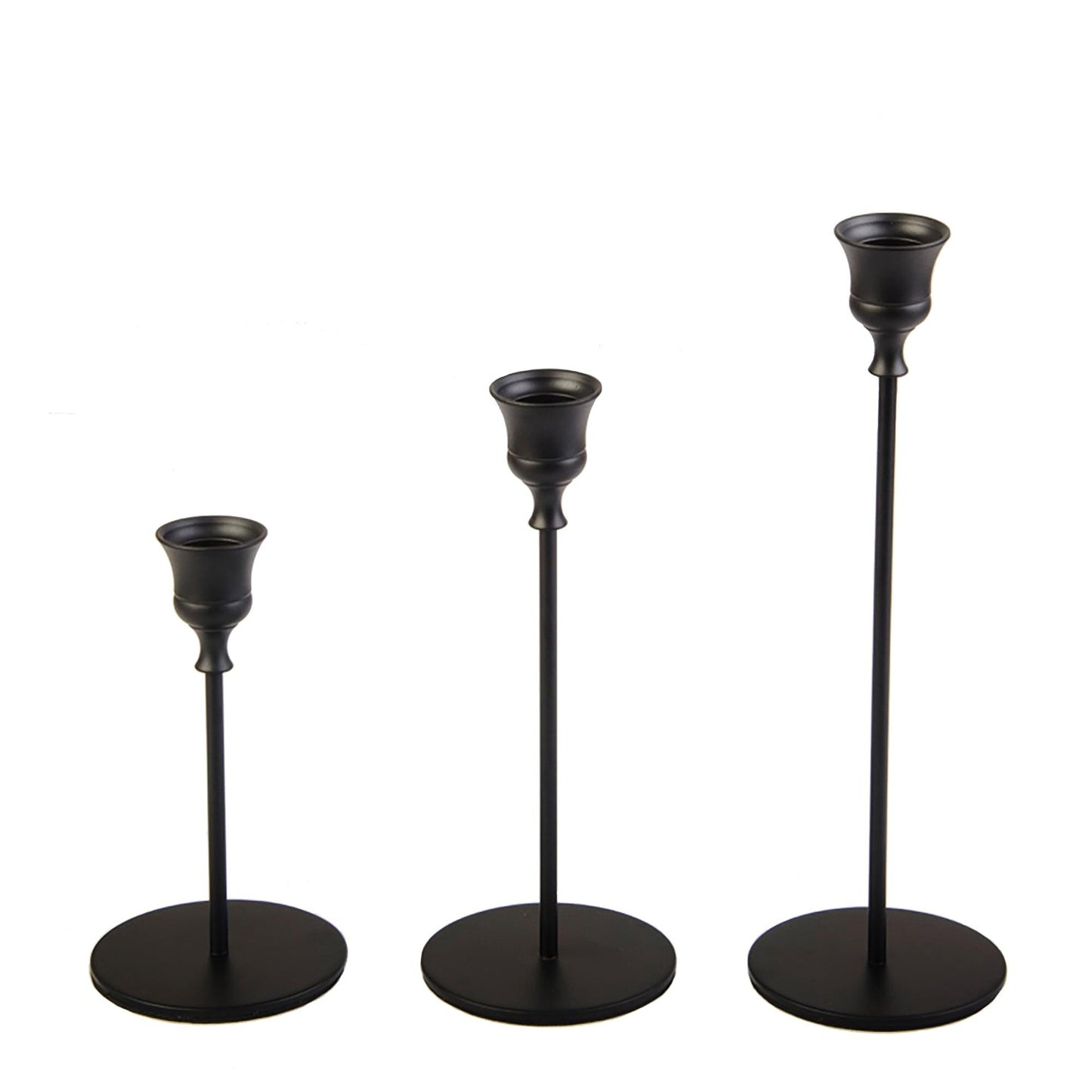 Black 3-piece candlestick set of three taper holders with round bases.