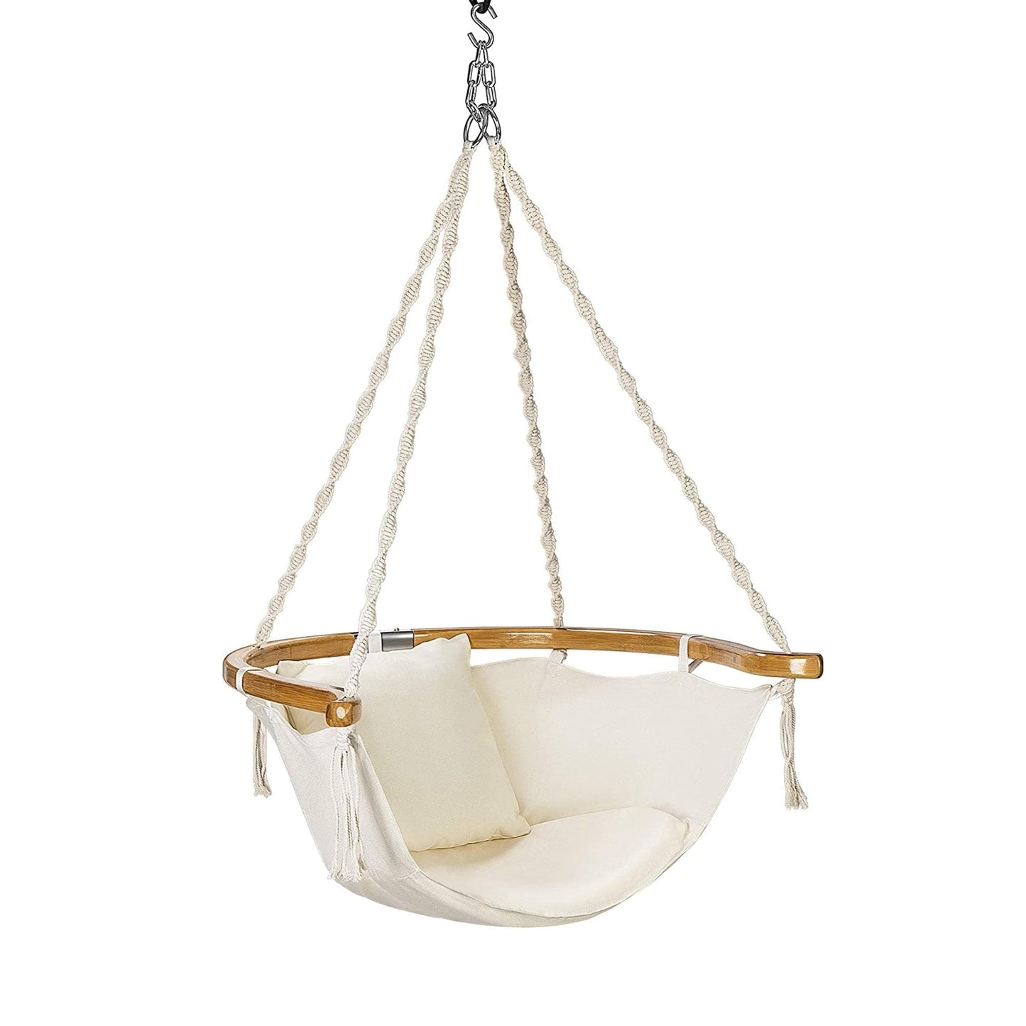 Cream padded hanging hammock chair with wooden spreader bar and braided rope suspension