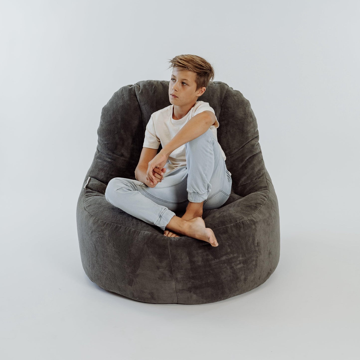 Charcoal plush fur bean bag chair cover with full rounded seat profile