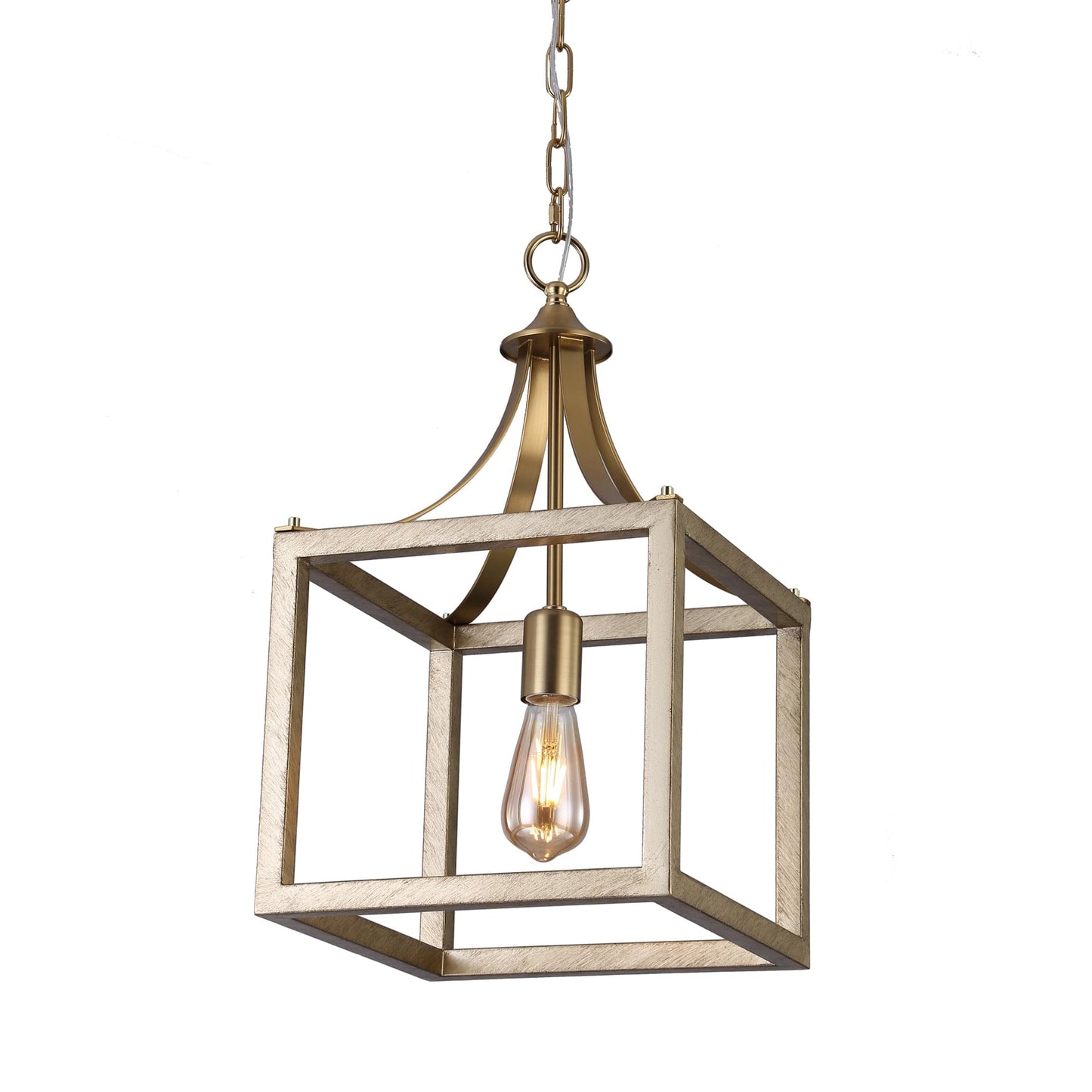 Brushed gold lantern pendant light with metal cage frame and clear bulb