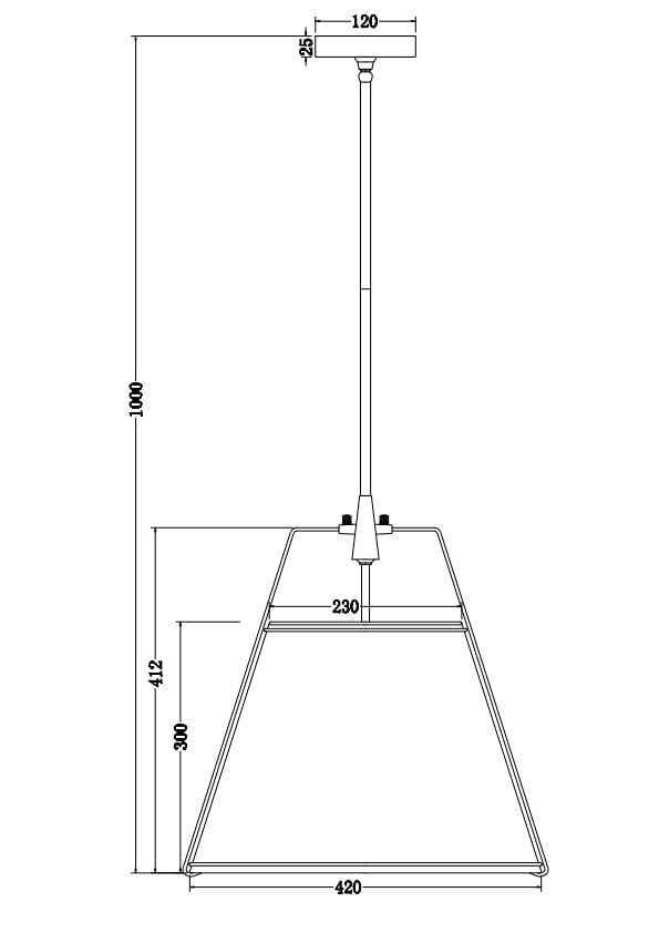 Pendant light dimension drawing: white shade with black metal frame