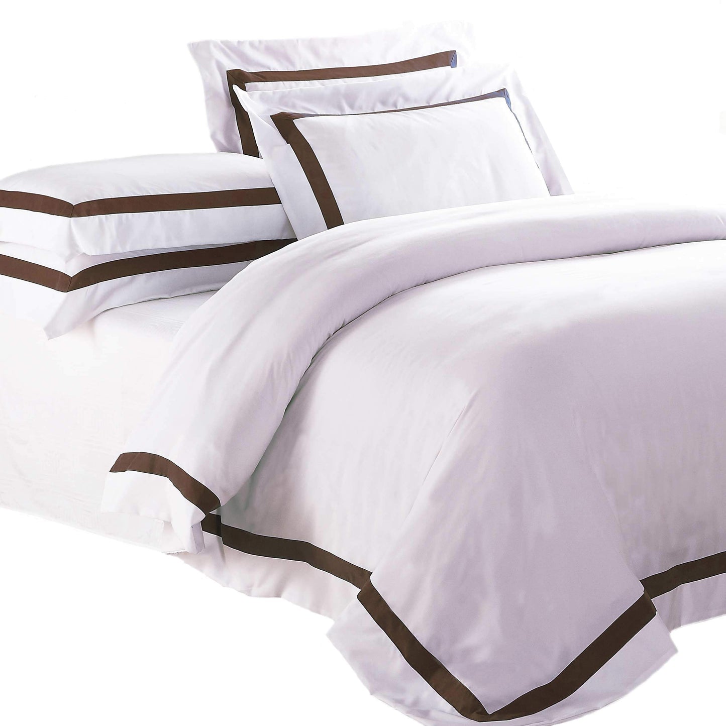 White European pillowcases with brown chevron trim, layered on bed