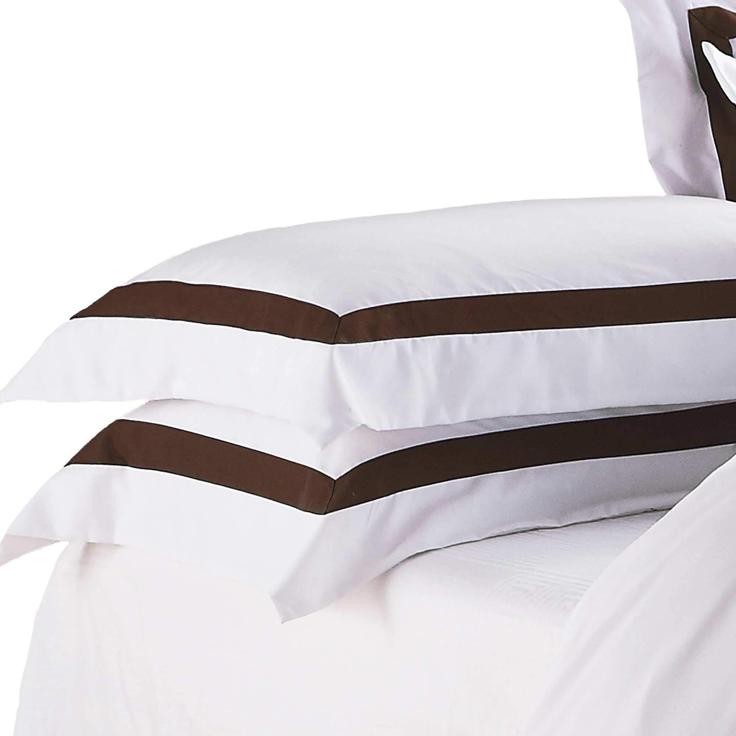White quilt cover with brown striped trim and stitched border detail