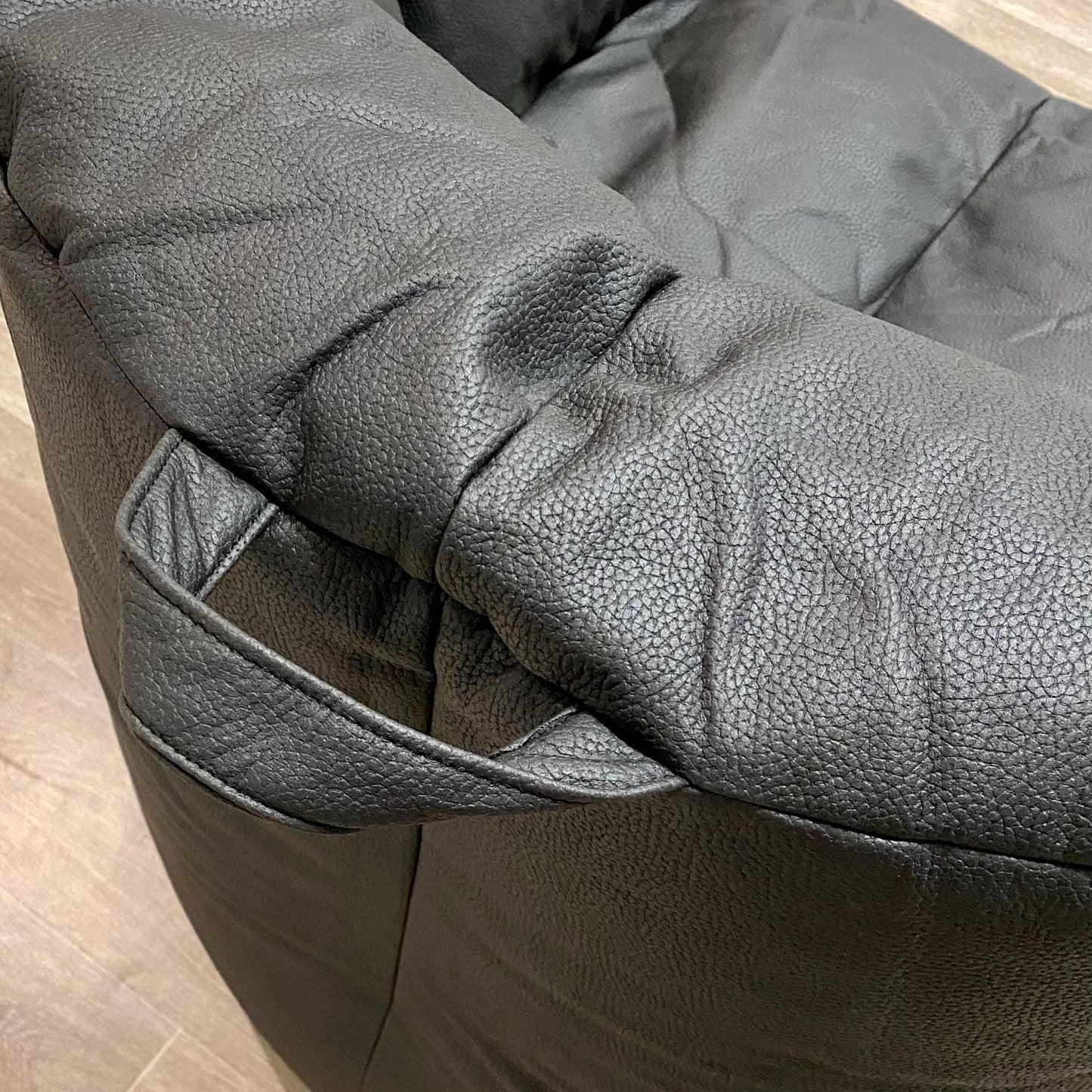 Charcoal pebbled vegan leather bean bag cover with contrast piping and stitched panels