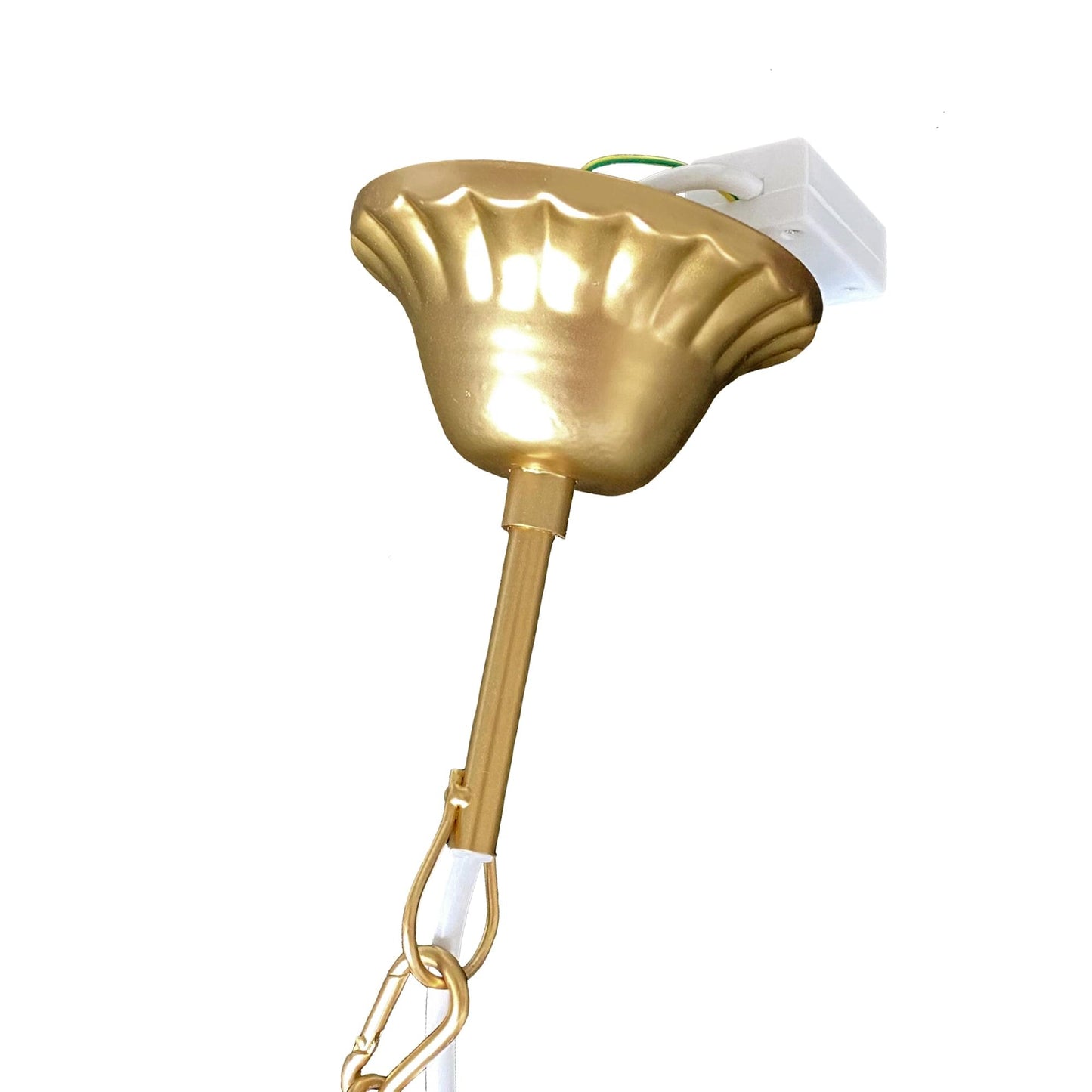 Gold chandelier canopy with hanging chain and small clear socket detail