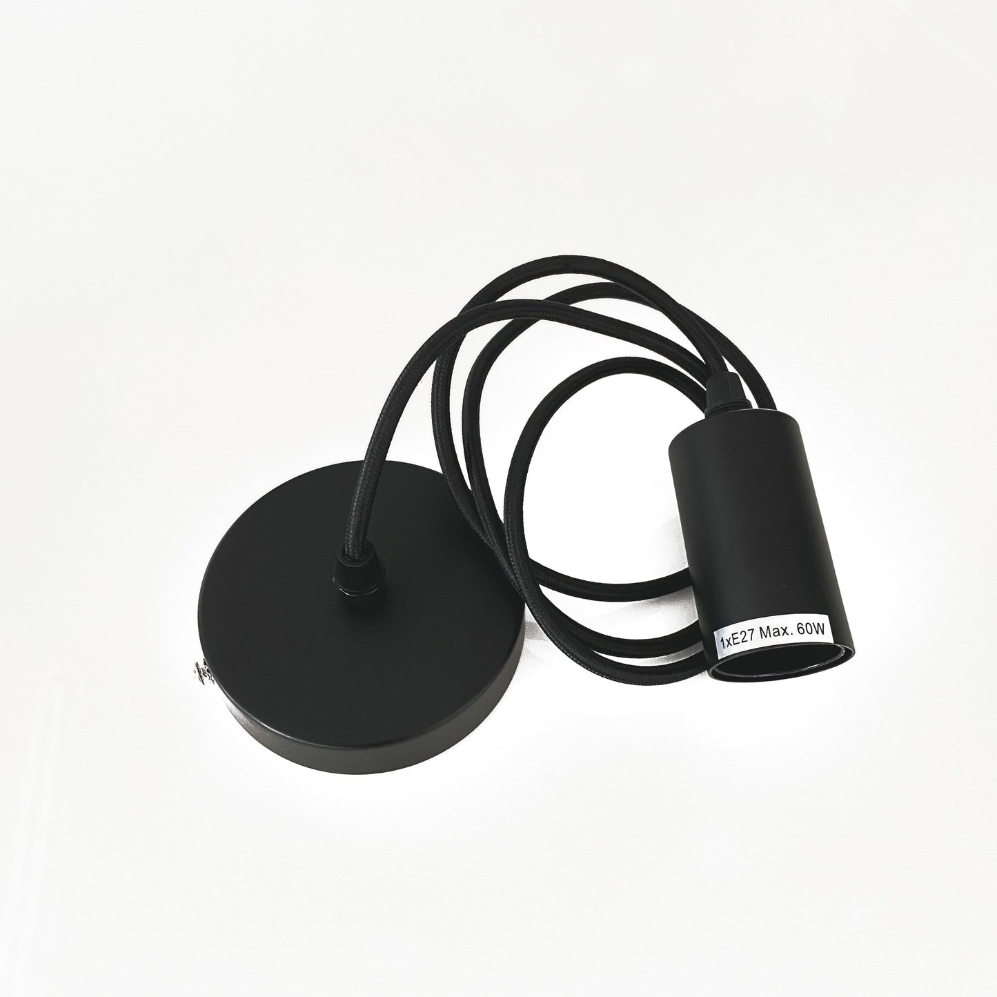 Matte black pendant light canopy and cord set with power label