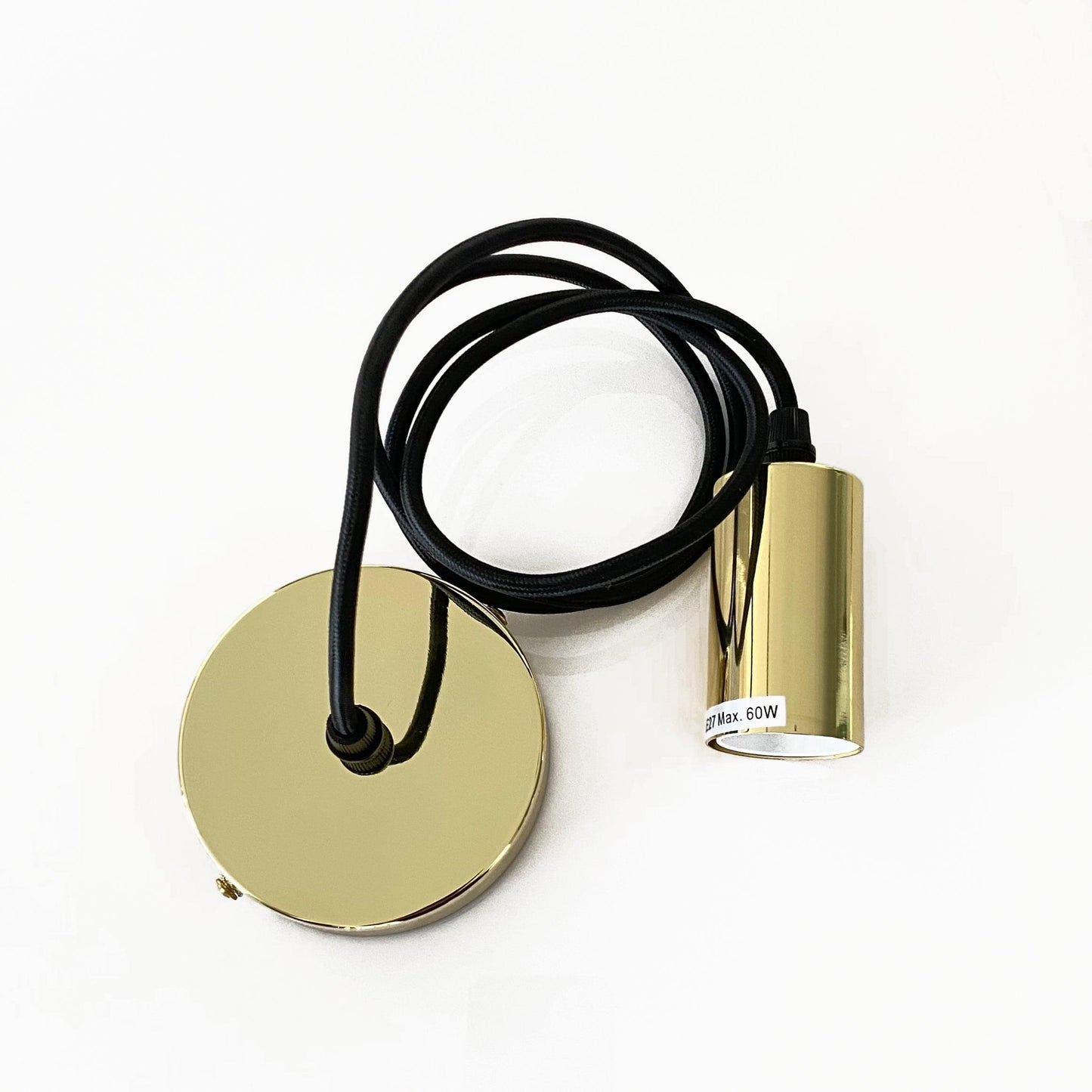 Gold pendant light canopy base with black cord and 60W label