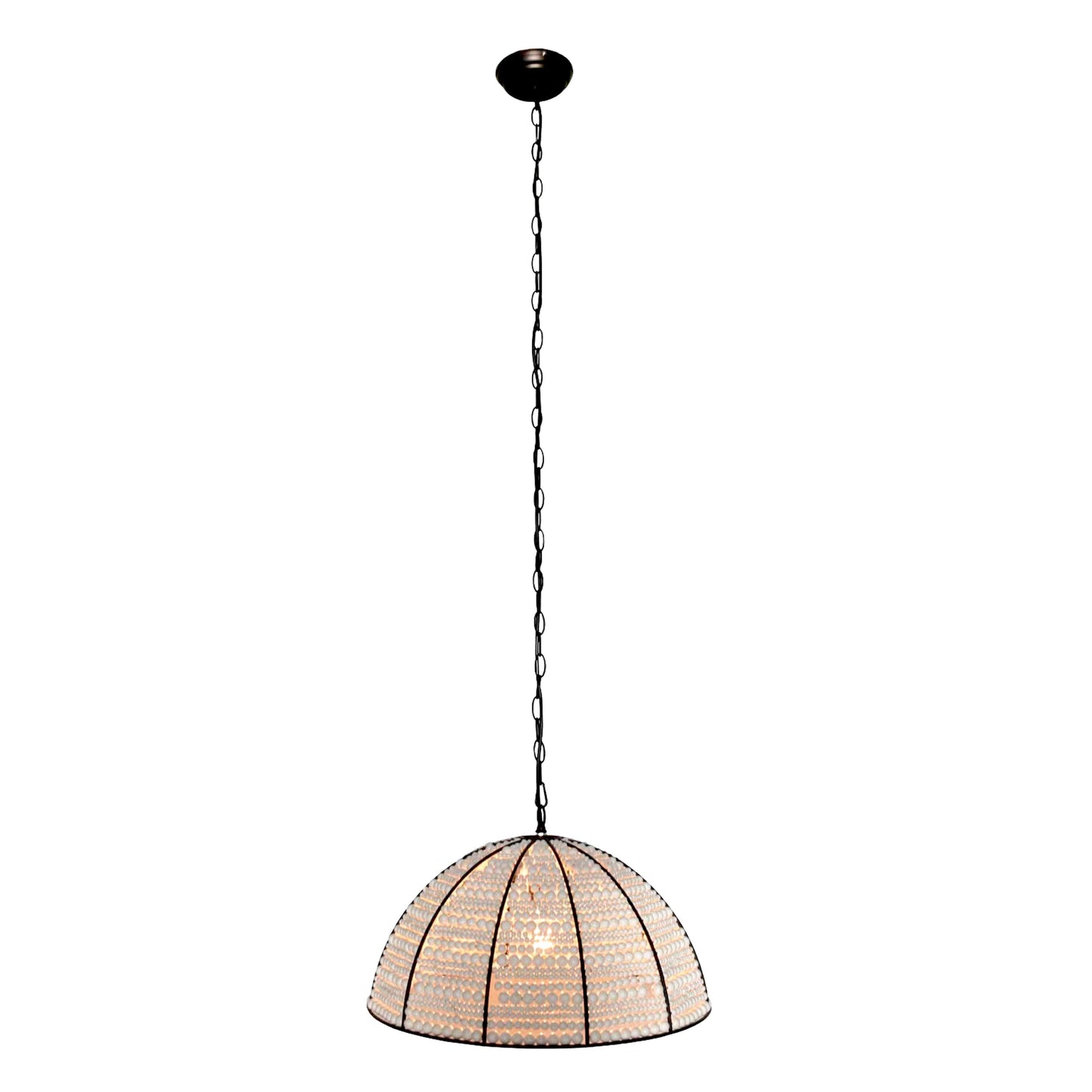 Beaded dome pendant light with black ceiling cap and white-and-black bead shade