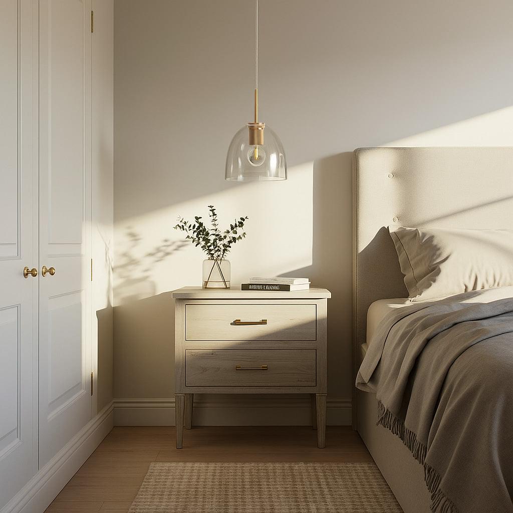 Gold pendant light with clear mini glass shade and brass canopy, hanging on cord
