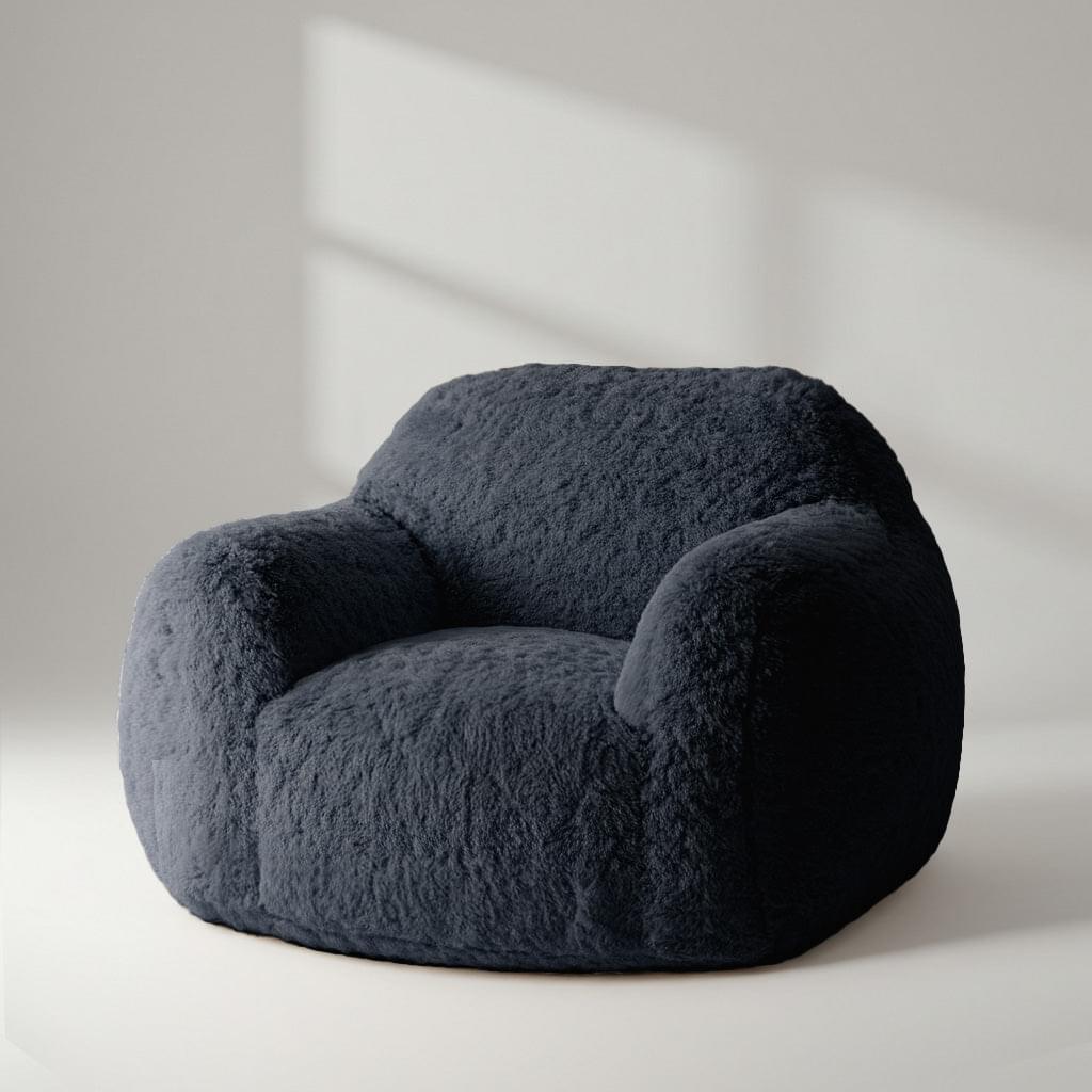 Charcoal plush chair cover, rounded armchair seat with thick cushioning