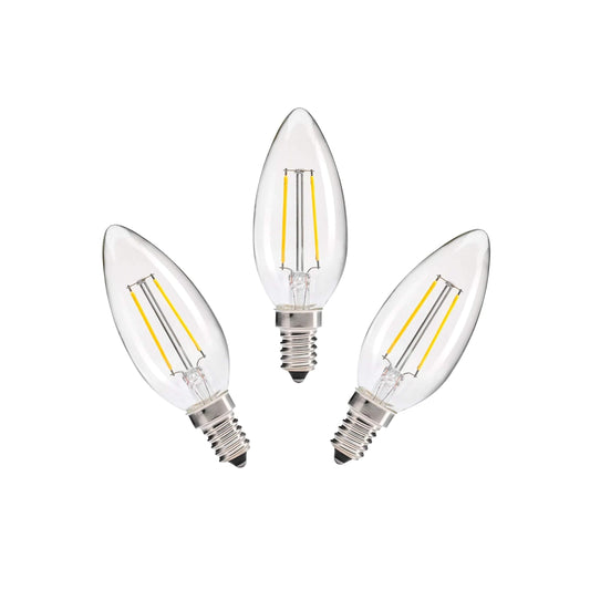 LED candle bulbs with clear glass and E14 base; cool white filament, angled view