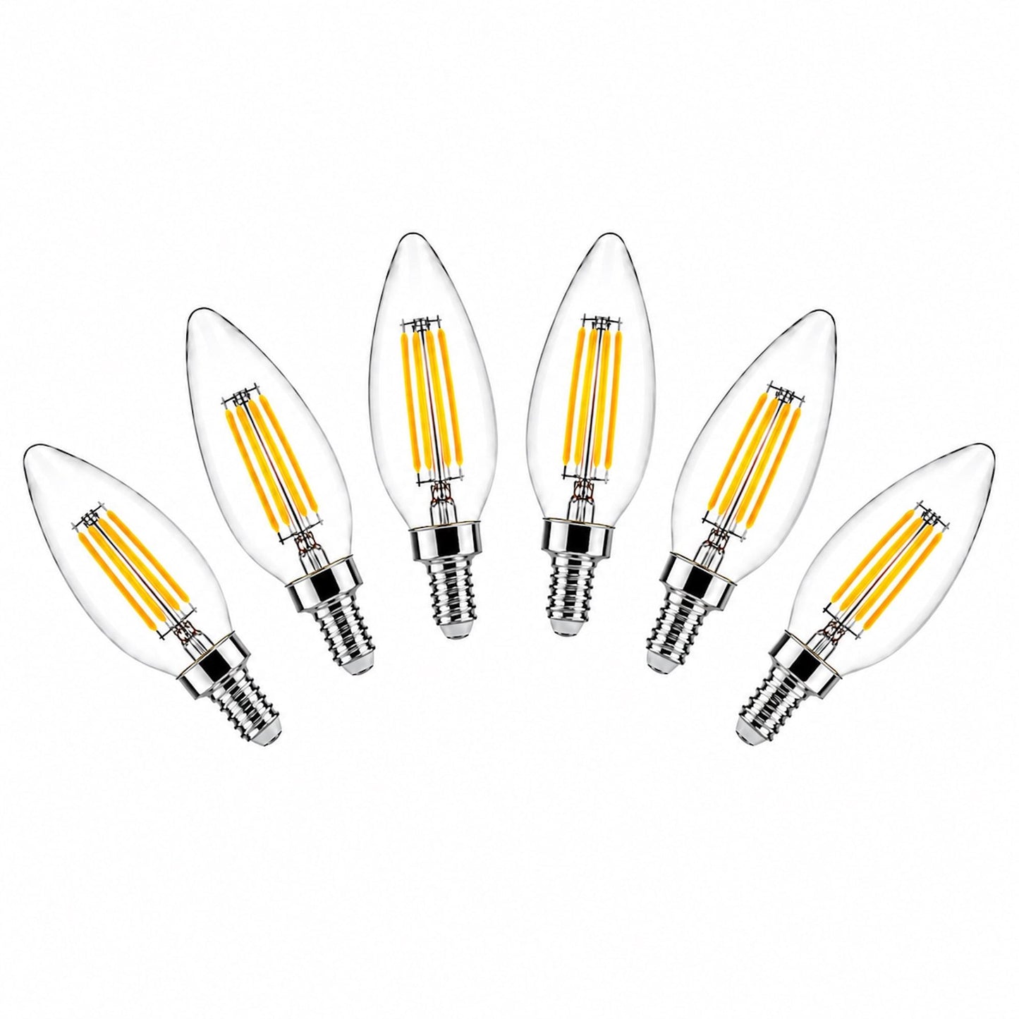 Multiple clear E14 candle LED bulbs with filament-style cool white light and metal bases