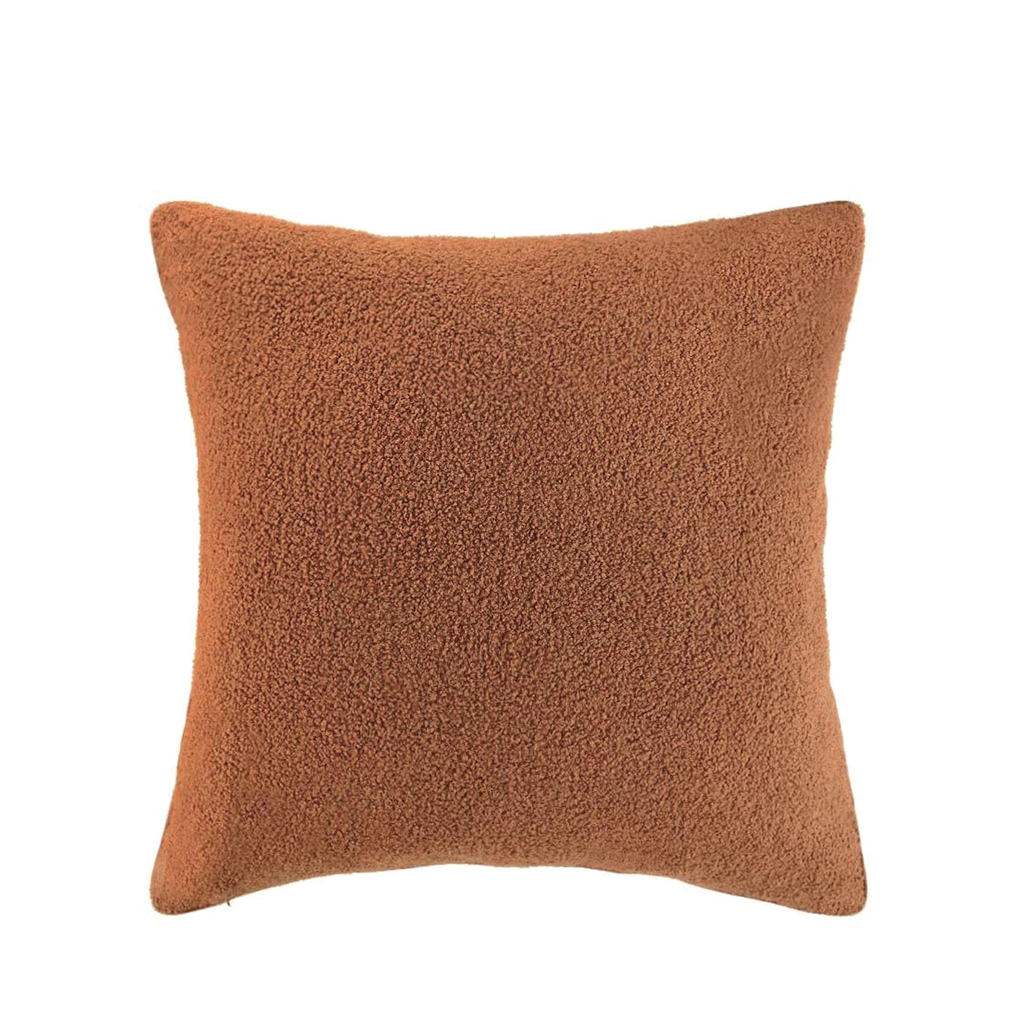 Rust boucle teddy cushion cover with insert, centered front view with plush texture