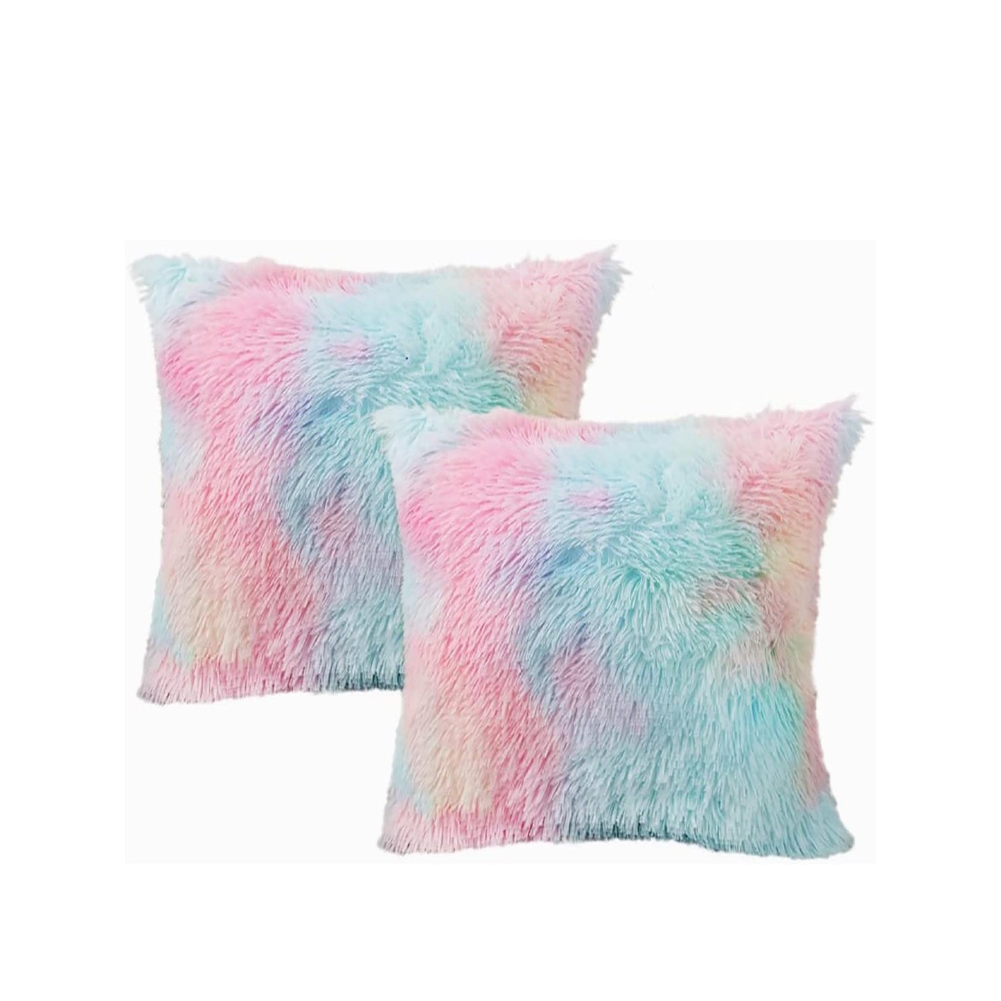 Two pastel rainbow faux-fur cushion covers, square pillows with fluffy soft texture
