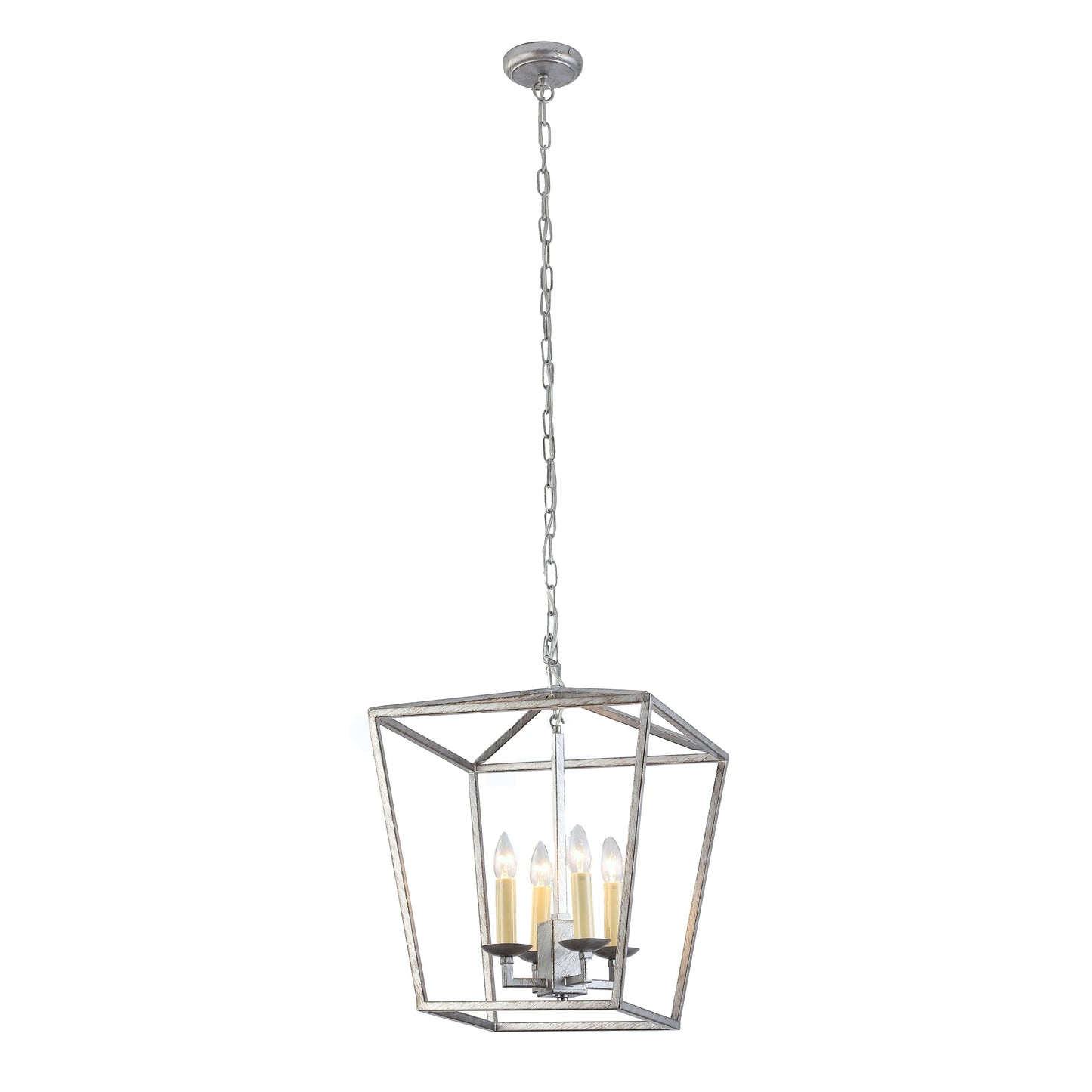 Brushed chrome hanging geometric cage pendant light with candle-style bulbs