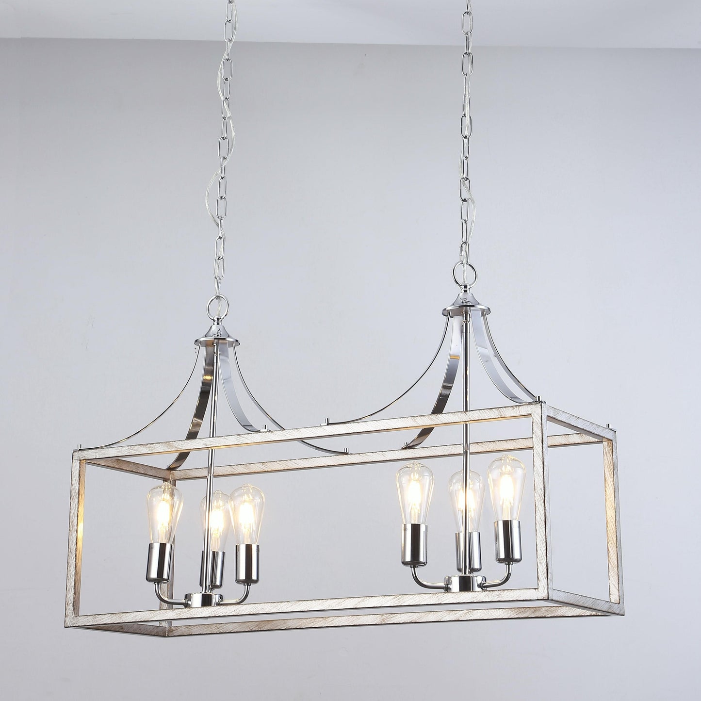 Brushed chrome rectangular glass lantern pendant light with four candle bulbs
