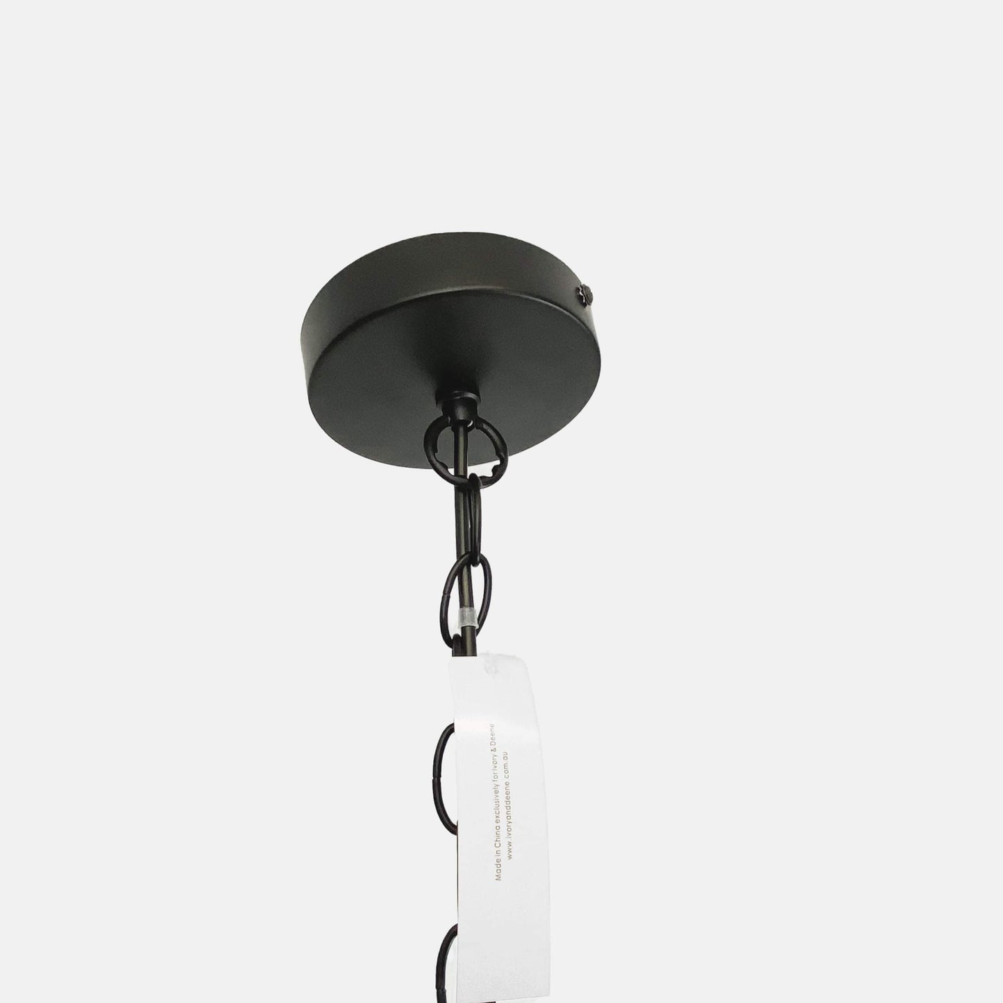Black ceiling mount for rope pendant light with hanging cord and tag