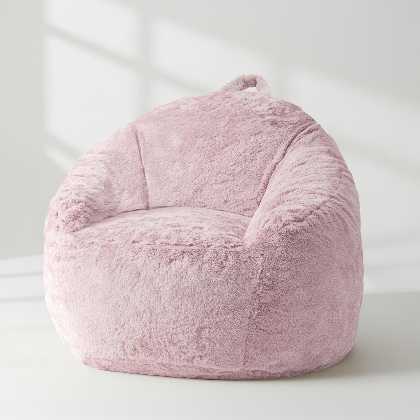 Mini beanbag chair cover, soft pink fuzzy fabric with curved seat shape