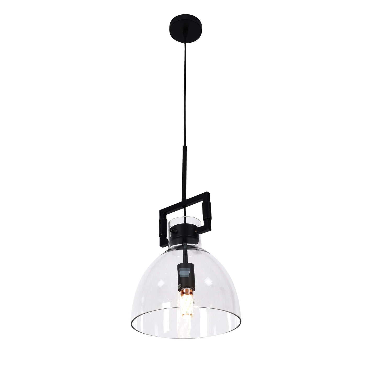 Black pendant light with clear glass dome, black bracket, and exposed bulb