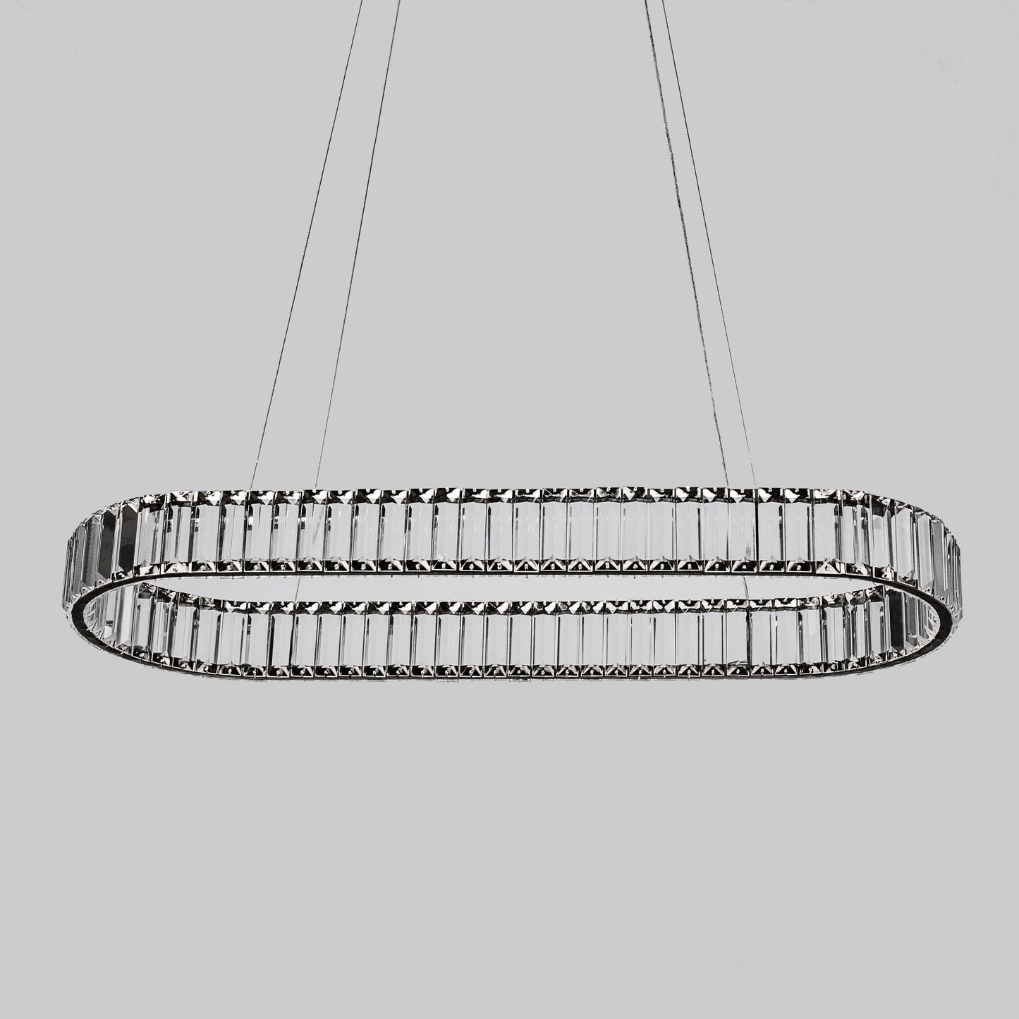 Oval crystal LED chandelier with black hardware, crystal-ring design