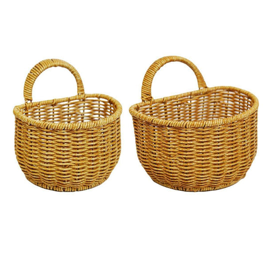 Tan woven storage basket with arched handle, rounded sides and open top