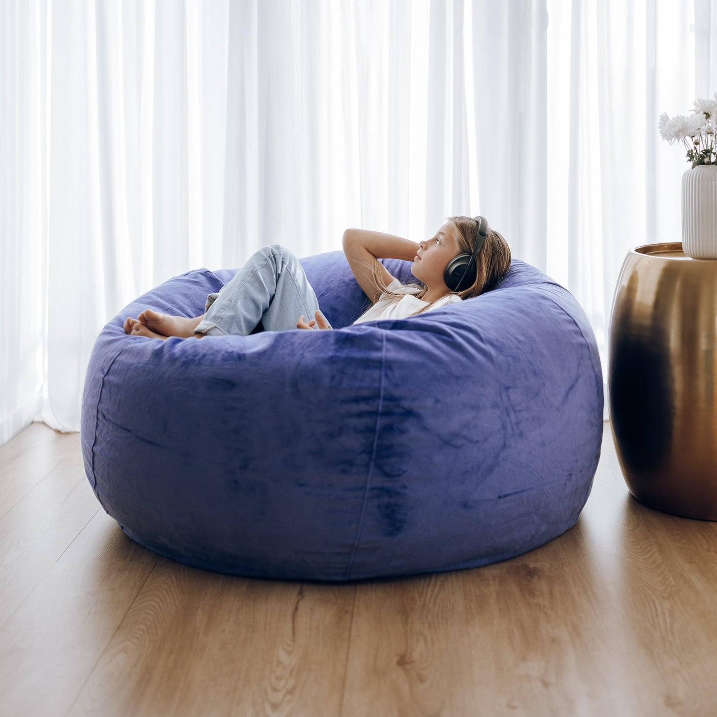 Pierre Fur bean bag, blue-violet rounded cushion with stitched panels